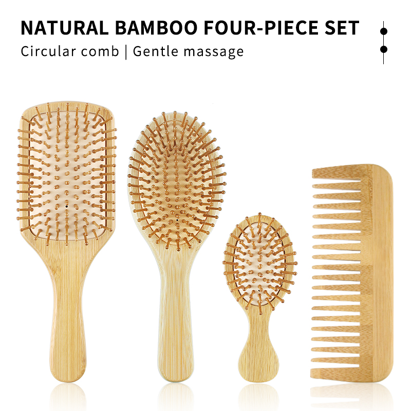 4 Pcs Bamboo Hair Brush and Comb Set 
